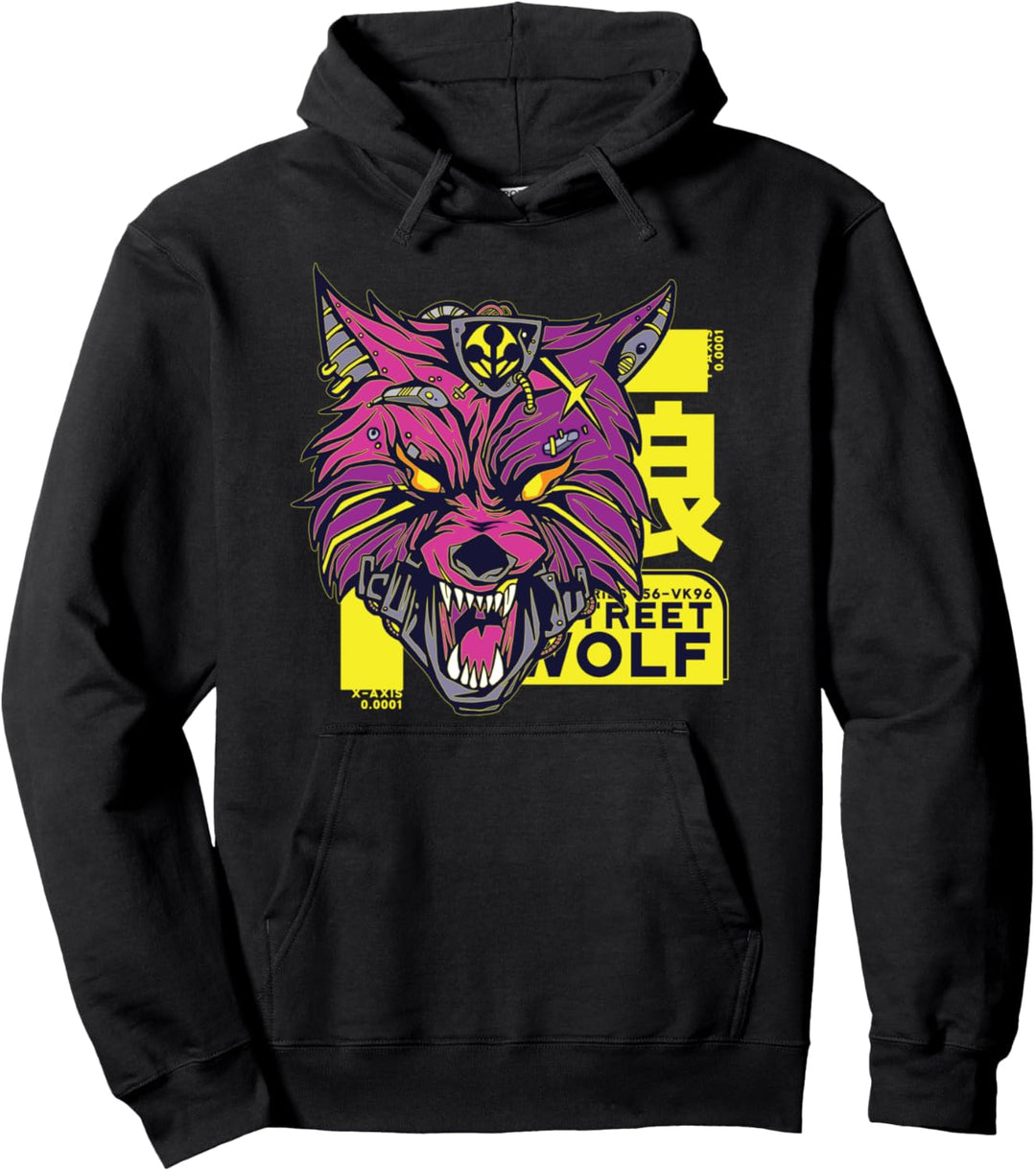 Cyberpunk Wolf Illustration - Vaporwave Retro Retrowave 80s Pullover Hoodie
