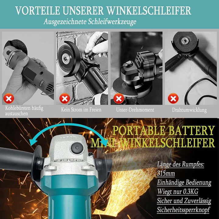 Akku-Winkelschleifer 125 mm, Ersatz für Makita 18V BL1830, Anti-Vibrations-Griff, Brushless, 11000U/