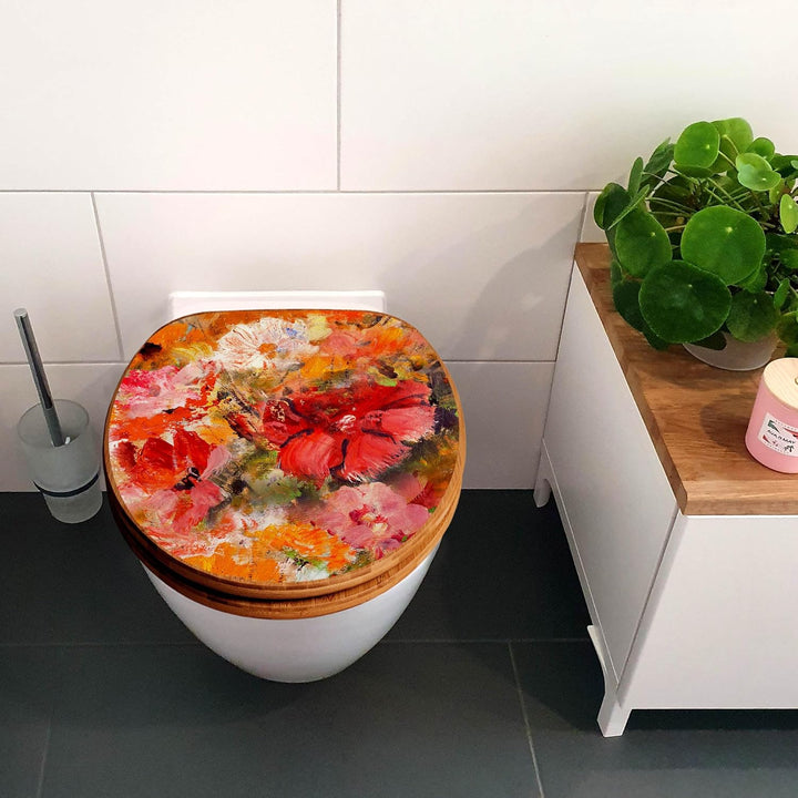 banjado® Design WC Sitz Bambus Absenkautomatik mit Motiv Fallende Blumen/Toilettendeckel mit Absenka