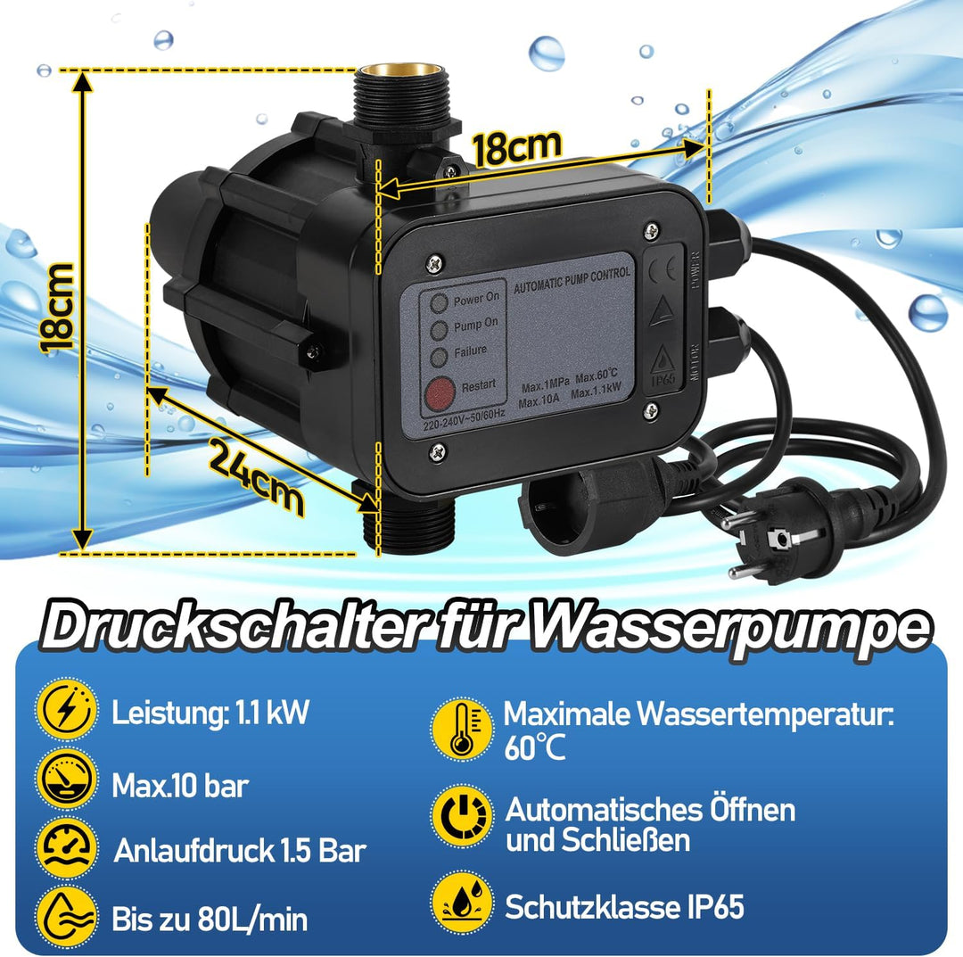 Lospitch Pumpensteuerung, Druckschalter mit Kabel 10 bar mit Baranzeige, Druckschalter überwacht den