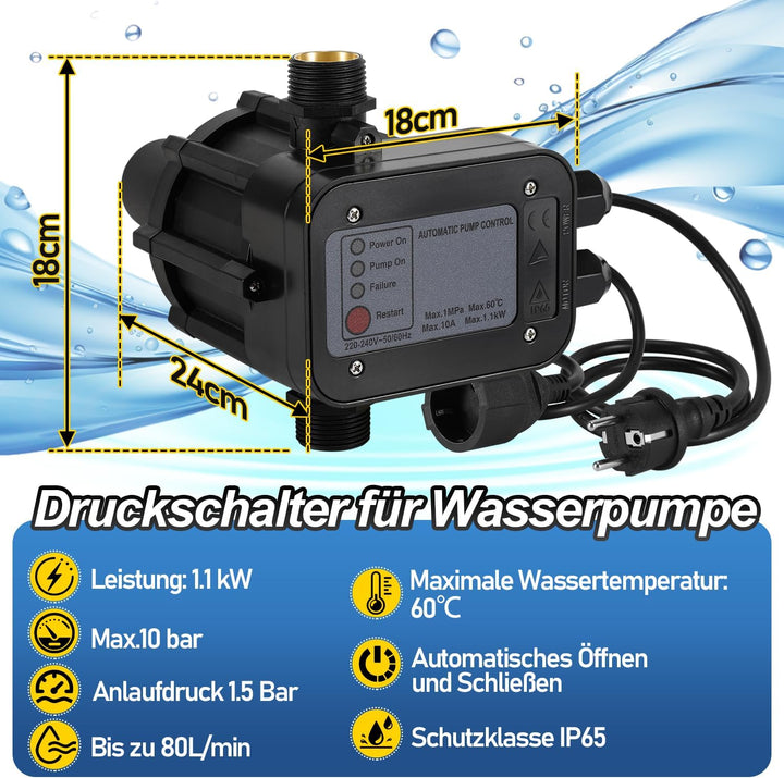 Lospitch Pumpensteuerung, Druckschalter mit Kabel 10 bar mit Baranzeige, Druckschalter überwacht den