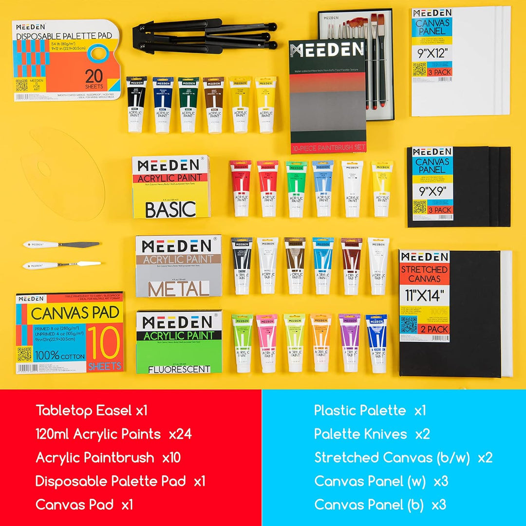 MEEDEN Deluxe Acryl Malset mit 24×120ML Acrylfarben, Aluminium Tischstaffel, 10 Pinsel, Leinwand Pan