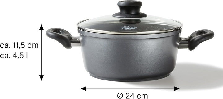 STONELINE Aluguss Kochtopf 24 cm, Topf mit Deckel 4,5 L, Antihaft beschichtet mit echten Steinpartik