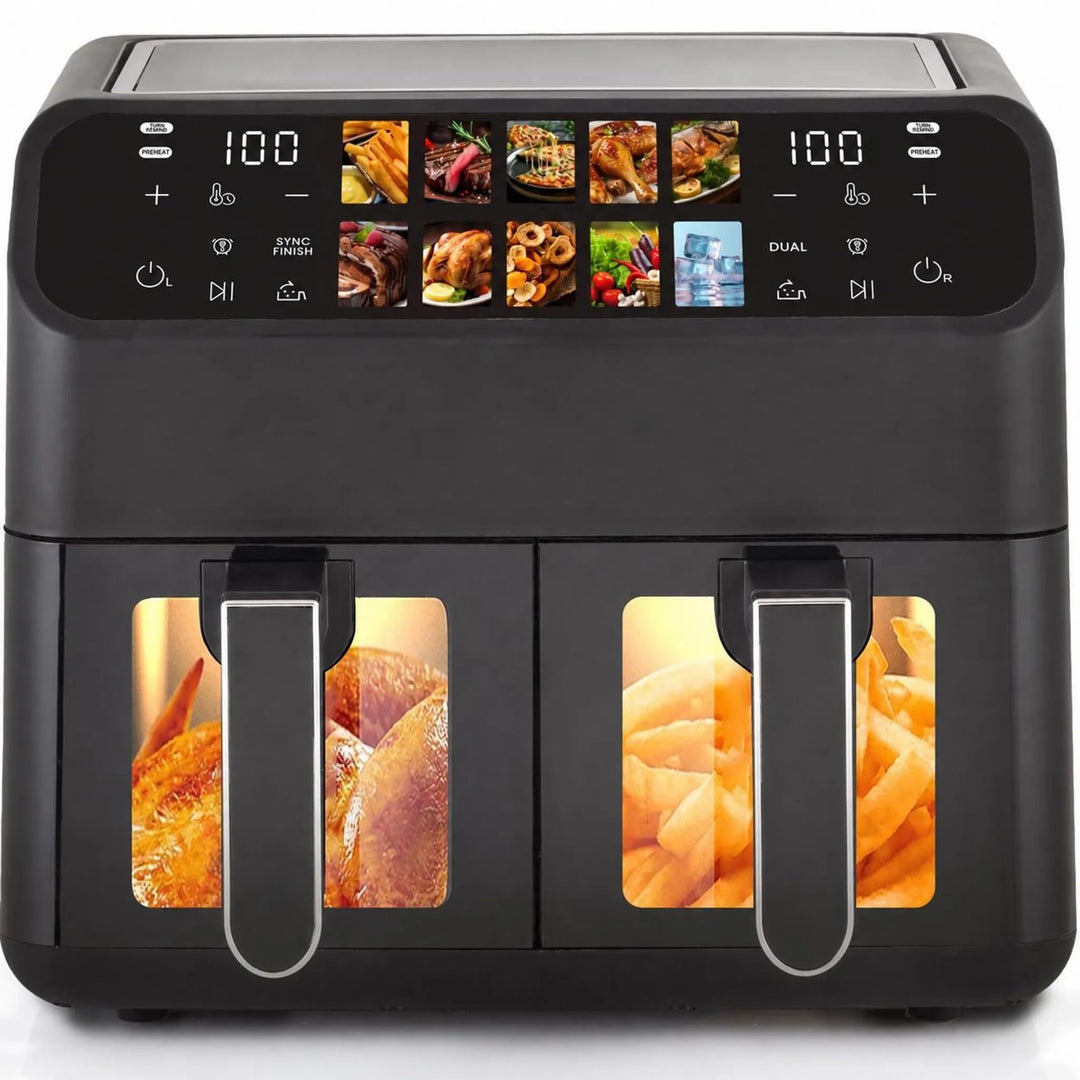 Heissluftfritteuse 9L XXL Dual 2000W, Airfryer mit 2 Kammern, Sichtfenster, Farb-Touchscreen, 10 Pro