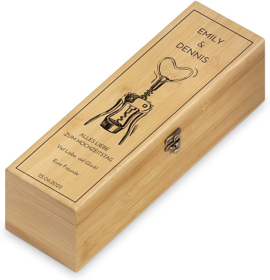 Maverton Weinbox für 0,7L Weinflasche - Wein Holzbox personalisiert + 4er Weinzubehör - Weinset Wein