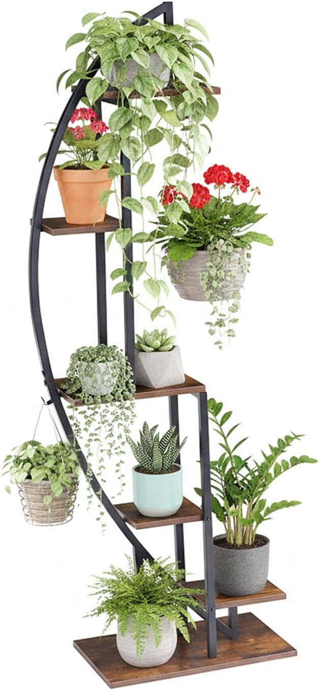 6 Ebenen Pflanzenständer mit Wachstumslicht, Grosses Blumenständer 160cm Hoch, Metall-Holz Pflanzenr