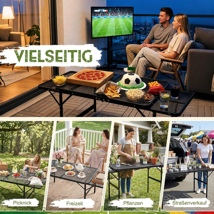 Tragbarer Campingtisch 120x60cm, Höhenverstellbar & Klappbar Gartentisch mit Metallgitterplatte, Erw