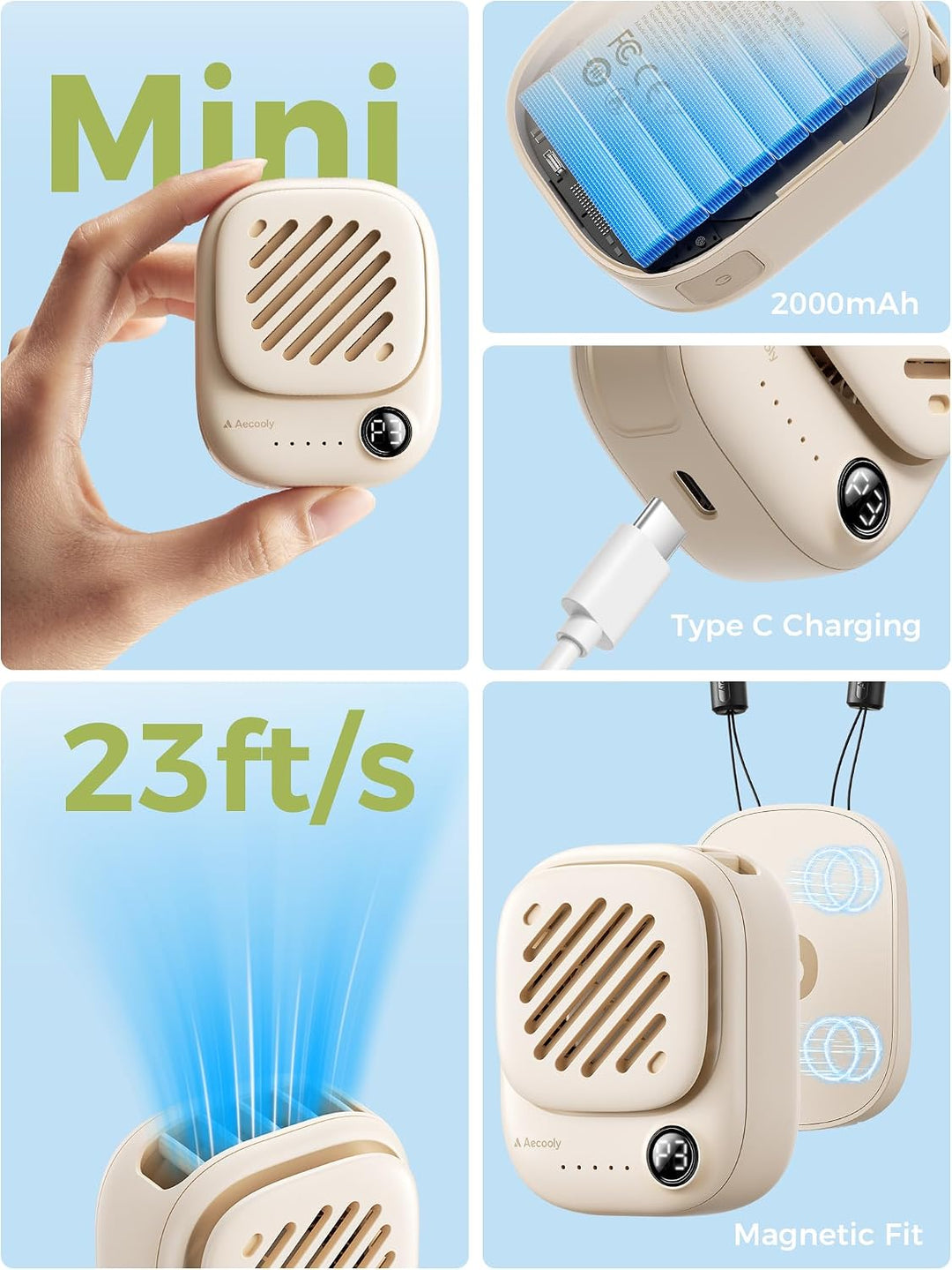 Aecooly Mini Tragbarer Nackenventilator, Starker magnetischem Design | Halsventilator mit LED-Anzeig