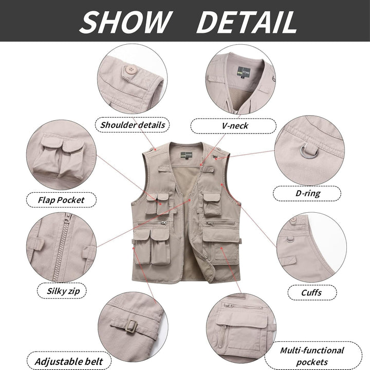 MeiLayM Herren Outdoor Weste Anglerweste mit Multi-Taschened Sommer Freizeit Baumwolle Weste Hundewe