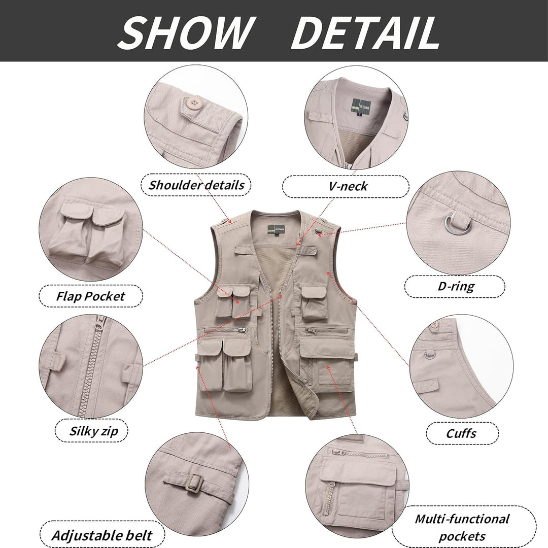 Herren Outdoor Weste Anglerweste mit Multi-Taschened Sommer Freizeit Baumwolle Weste Hundeweste Leic