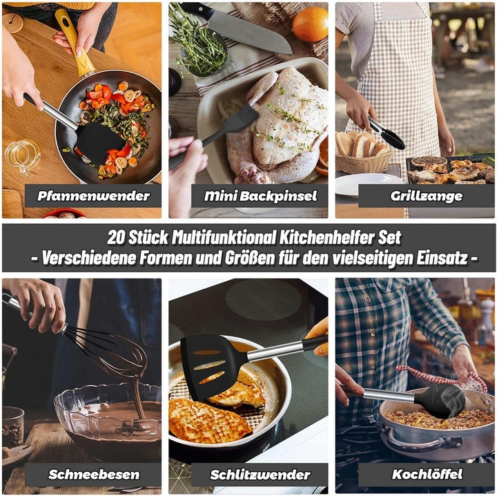TEAMFAR Küchenhelfer, 20 Stück Silikon Schwarz Kochbesteck Kochutensilien Set mit Edelstahlgriff, Hi