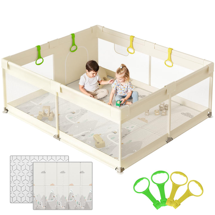 Laufstall Baby mit Matratze - 150×180cm Grosser Baby Laufstall mit Netzseiten, Laufstall XXL mit rut