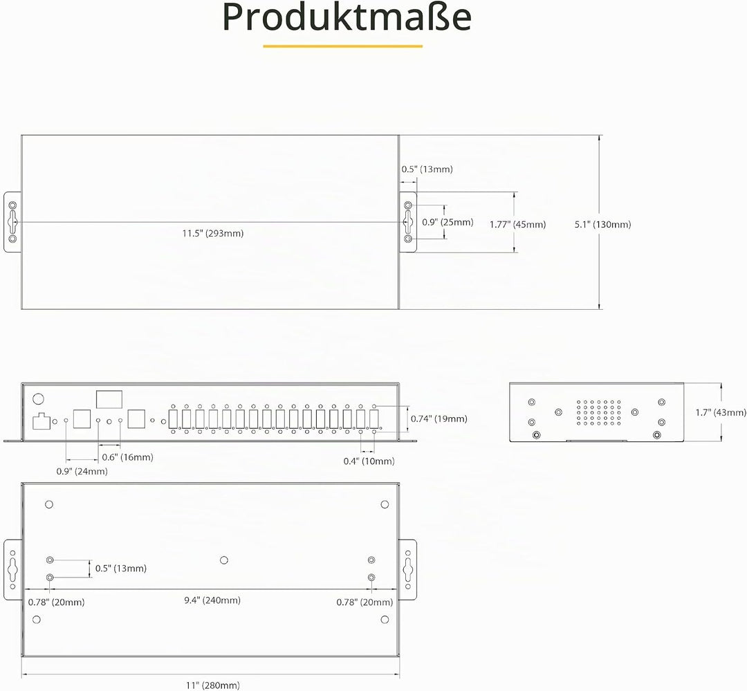 StarTech.com 16-Port Industrie USB 3.0 Hub 5Gbit/s, DIN/Aufputz/Rack Montage, ESD-Schutz, Terminal B