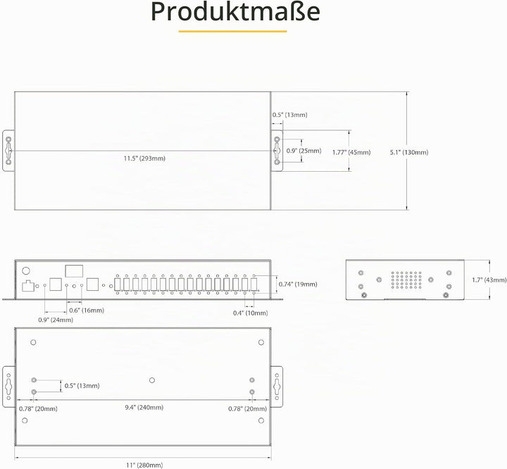 StarTech.com 16-Port Industrie USB 3.0 Hub 5Gbit/s, DIN/Aufputz/Rack Montage, ESD-Schutz, Terminal B