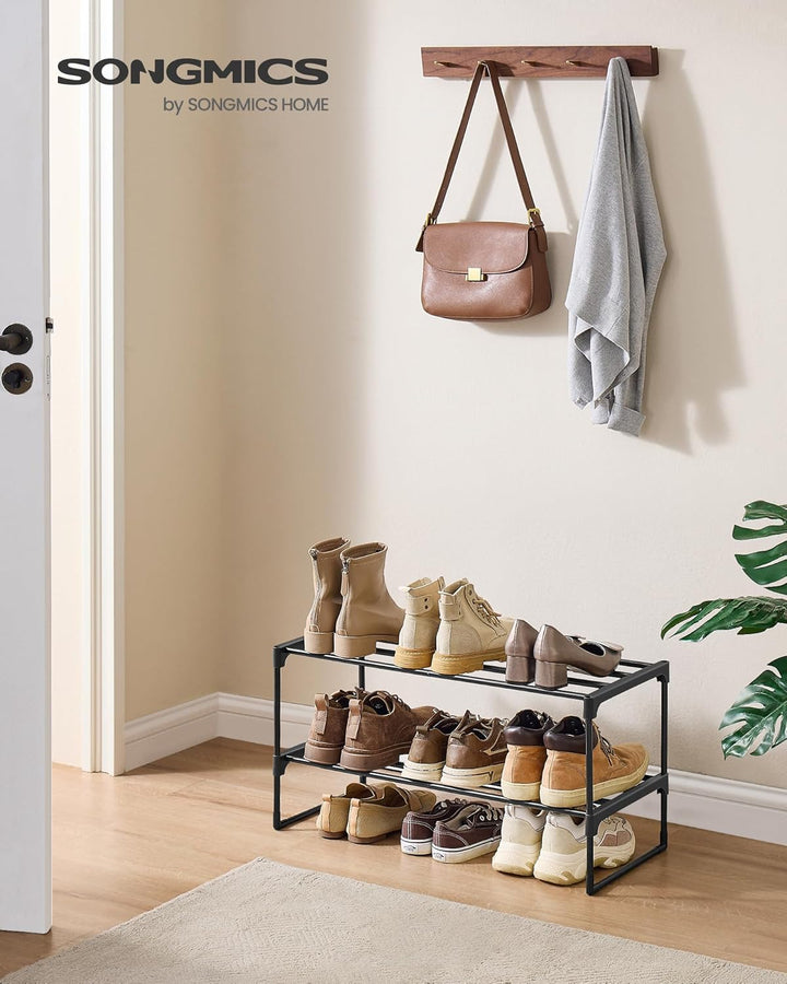 SONGMICS Schuhregal 2 Ebenen, Schuhständer Metall, Schuhaufbewahrung, Schuh-Organizer, aufrecht oder