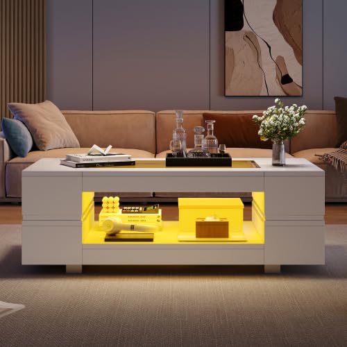 Merax Moderner Couchtisch Weiss 100x50x35cm mit LED-App-Steuerung, Wohnzimmertisch & Beistelltisch C