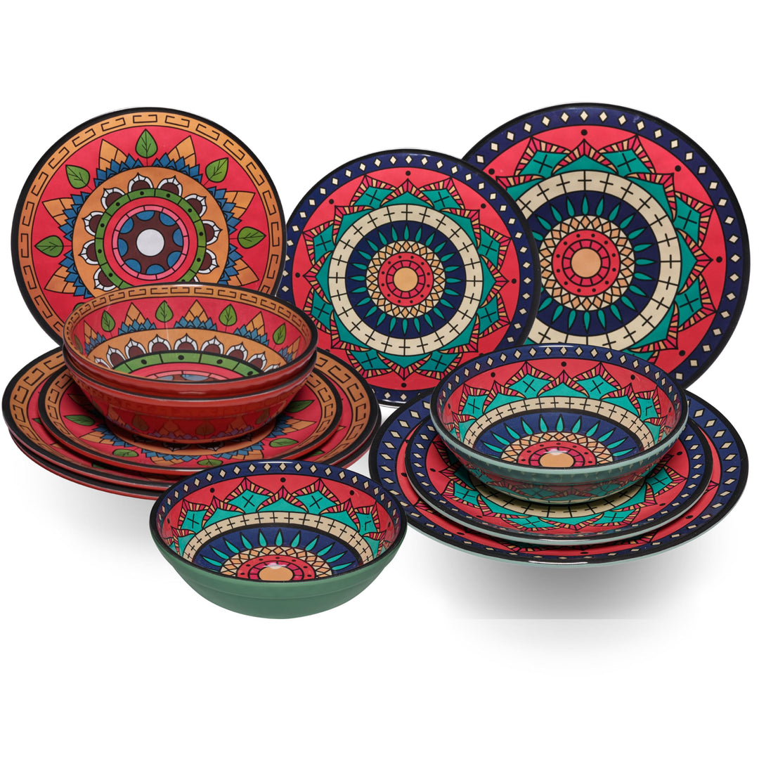 Melamin Geschirr Set Toskana Deep für 4 Personen - Rot-Grün - Mandala-Optik Spülmaschinengeeignet Es