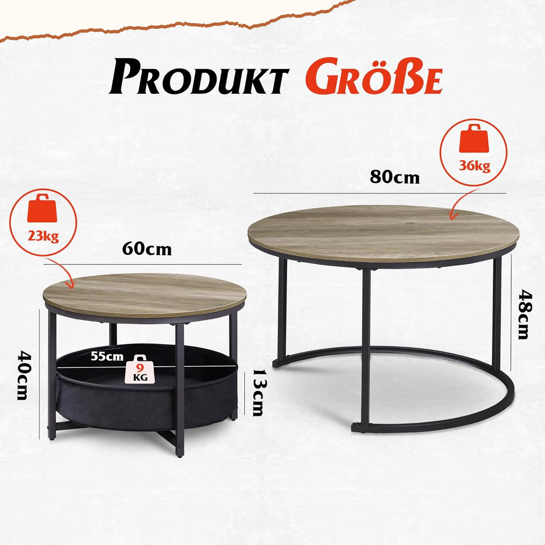 WLIVE Runder Couchtisch 2er Set, Moderne Wohnzimmertisch Rund, Beistelltisch mit Korb aus Stoff, 80