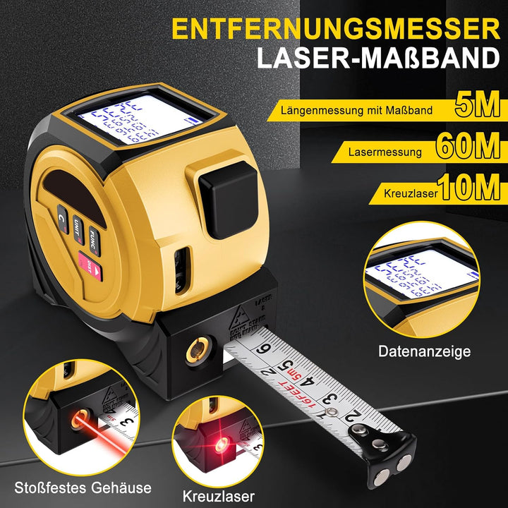 3-In-1-Laser-Massband, 60 M Digitaler Laser-Entfernungsmesser, Infrarot-Flächentester (Einheiten: m/
