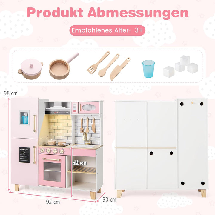 DREAMADE Kinderküche Holz mit 10 TLG. Zubehör, Holzküche Kinder Küche mit Herd Dunstabzugshaube Eism