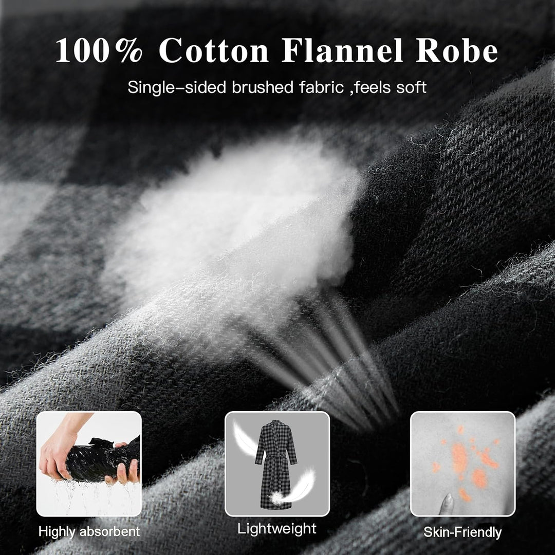 FashGudim Herren Buffalo-Karo 100% Baumwollflanell Bademantel mit Schalkragen Leichter, langer Morge