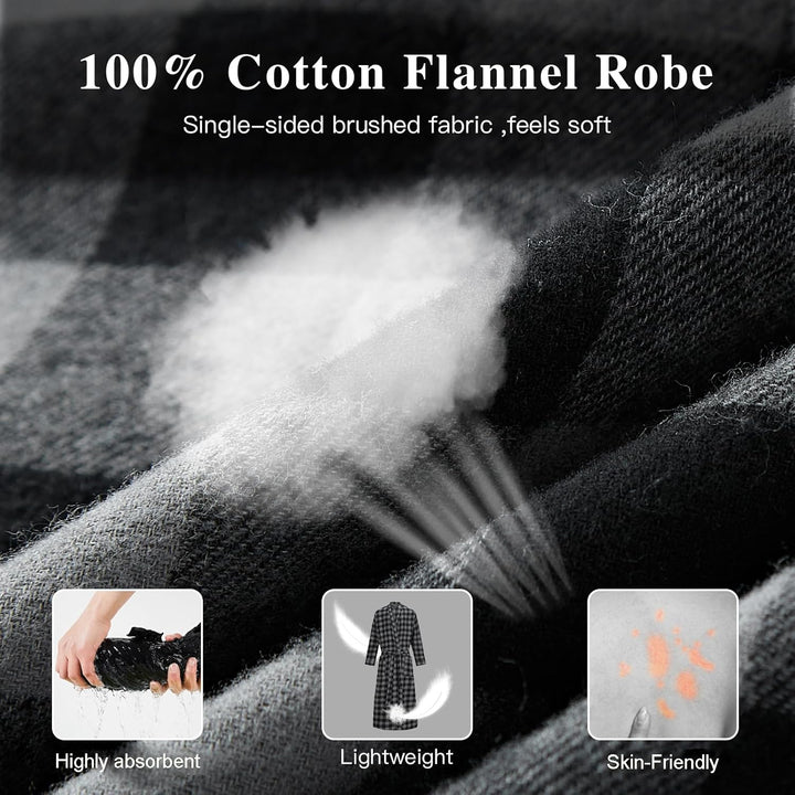 FashGudim Herren Buffalo-Karo 100% Baumwollflanell Bademantel mit Schalkragen Leichter, langer Morge