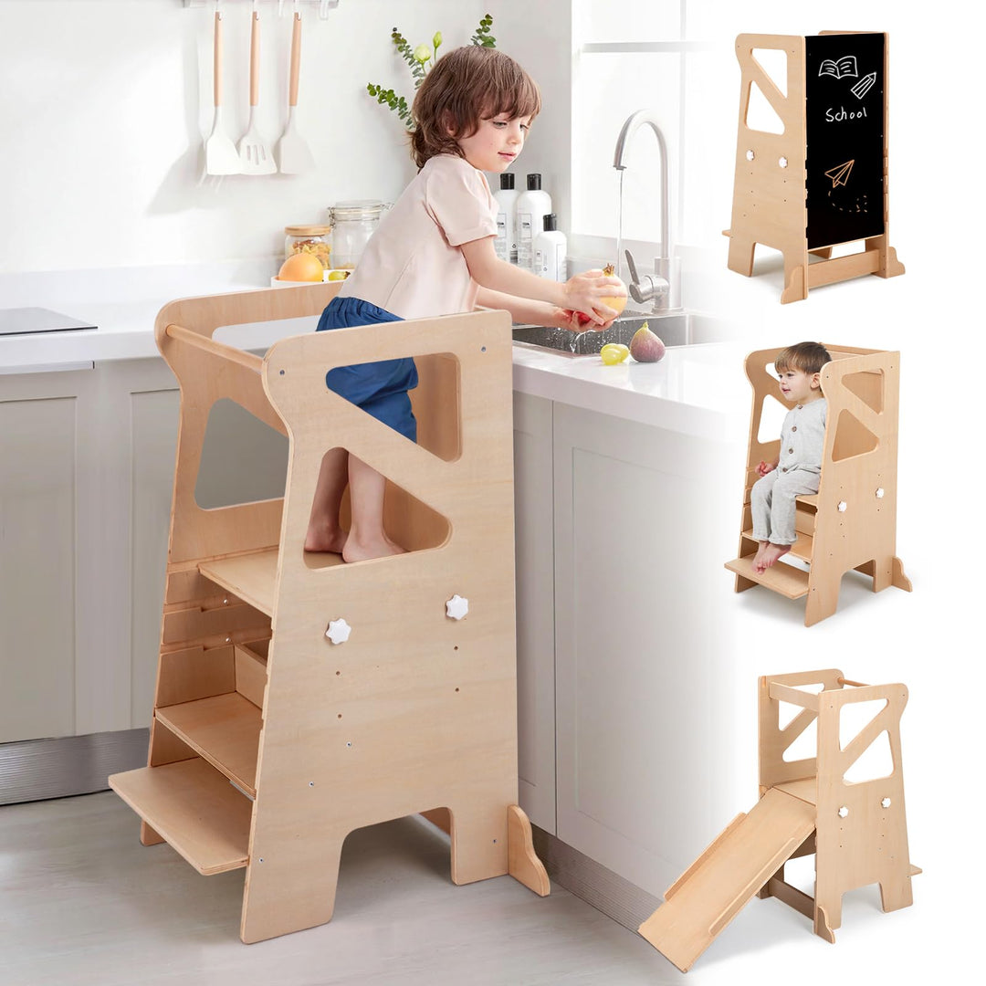 Labebe Lernturm für Kinder, Montessori Learning Tower mit Rutsche, 4-in-1 Verstellbare Höhen Lerntur