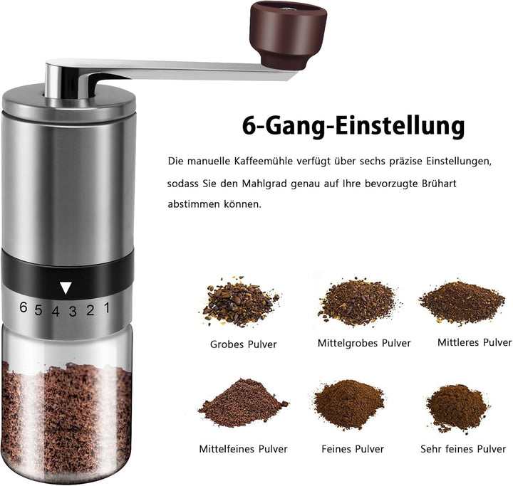 BRAVECOW Tragbare kaffeemühle manuell,Kegelmahlwerk aus Edelstahl kaffee mühle mit 6 einstellbaren S