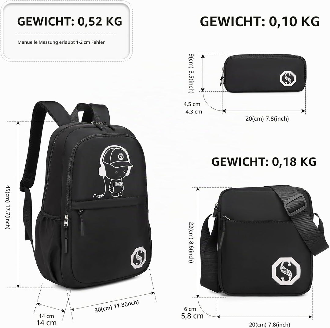 KONO Leuchtender Schulrucksack 3-in-1 Set, Anime Jungen Schulranzen Umhängetasche Federmäppchen, 15.