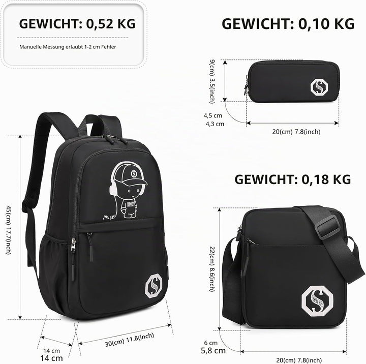 KONO Leuchtender Schulrucksack 3-in-1 Set, Anime Jungen Schulranzen Umhängetasche Federmäppchen, 15.