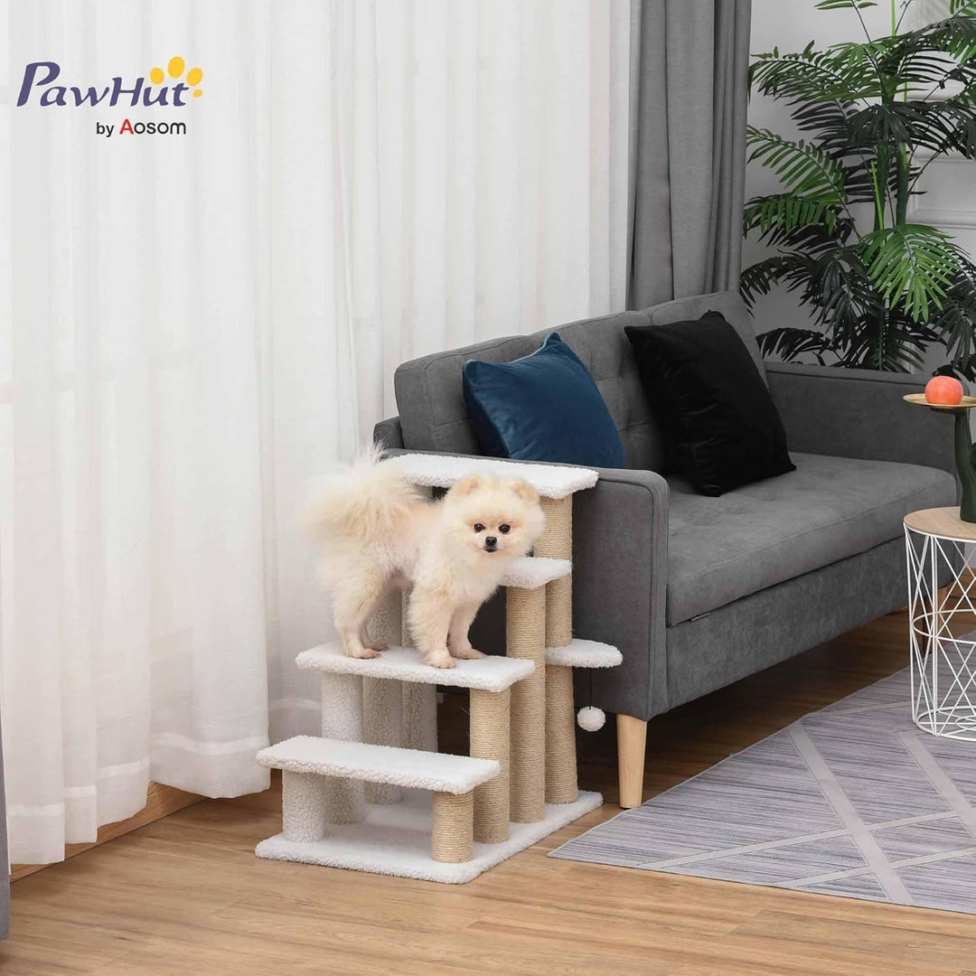 PawHut Katzentreppe 4 Stufen Tiertreppe Treppe für Katze mit Kratzsäulen Ball Haustiertreppe Hundetr