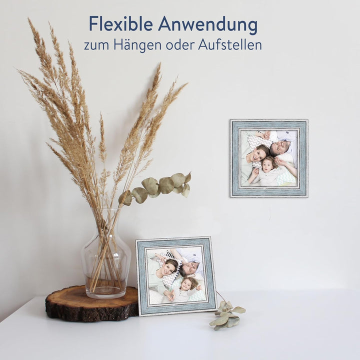 WANDStyle Bilderrahmen Blau 10x10 cm quadratisch aus Holz im Vintage-Stil mit Aufsteller und Aufhäng