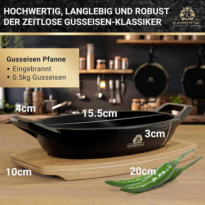 KAISERTAL Servierpfanne Gusseisen 15x10 cm – Pfanne mit 2 Griffen & Holzuntersetzer – Servierpfanne