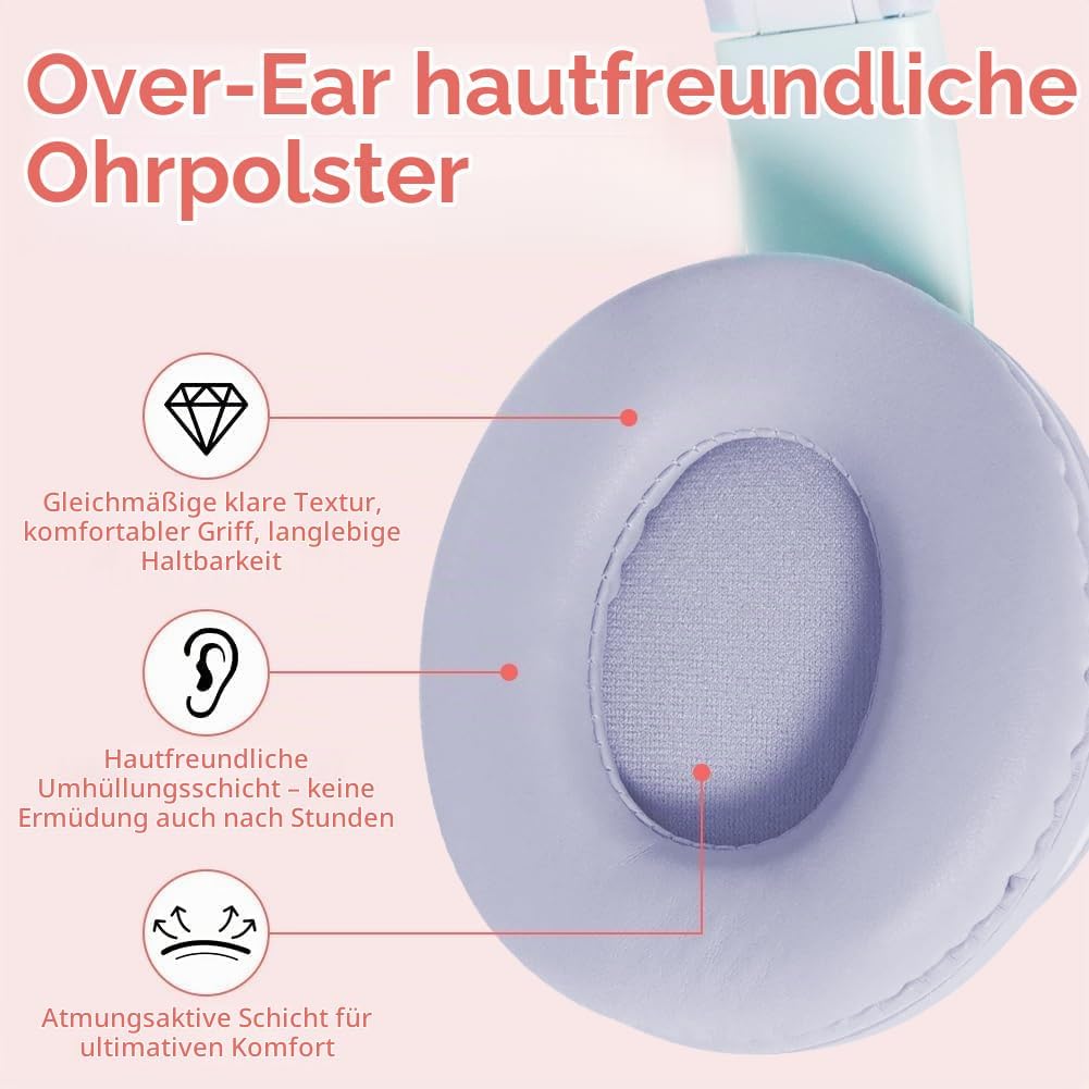 Kinder Bluetooth Kopfhörer, Katzenohr LED Lichter, Bluetooth 5.3 Stereo, Verstellbares Kopfband, 85d