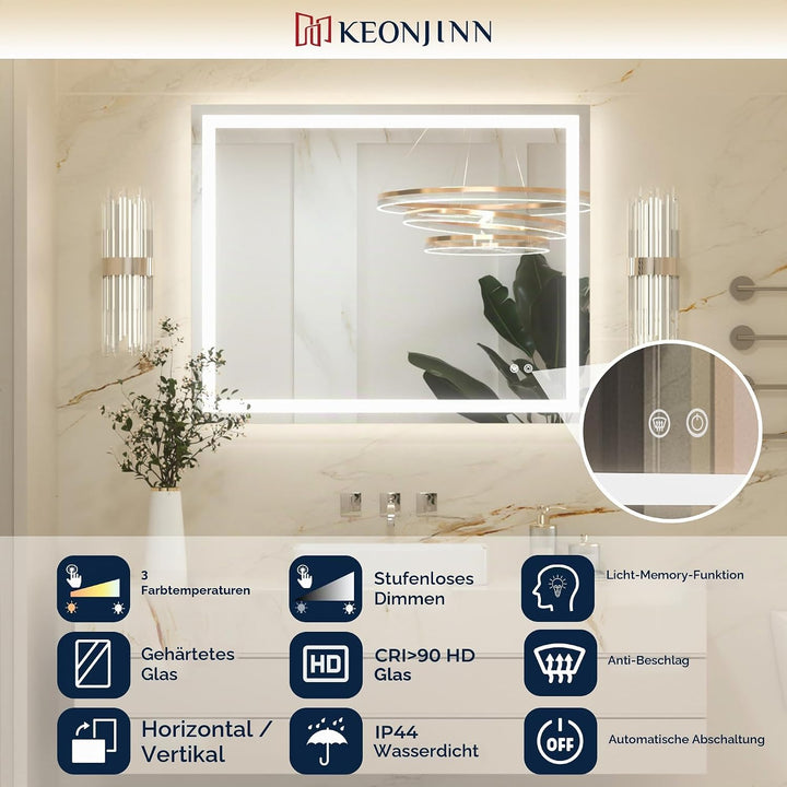 Keonjinn Badspiegel mit Beleuchtung 180x80cm, Beleuchtet Badezimmerspiegel Beschlagfrei Led Bad Spie