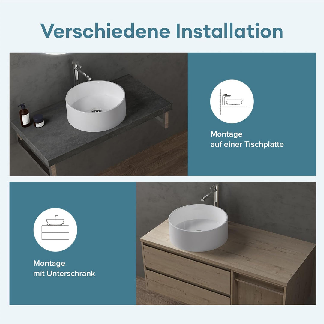 doporro Aufsatzwaschbecken rund Colossum804 Weiss glänzend Ø 40 cm Mineralguss Waschbecken ohne Arma
