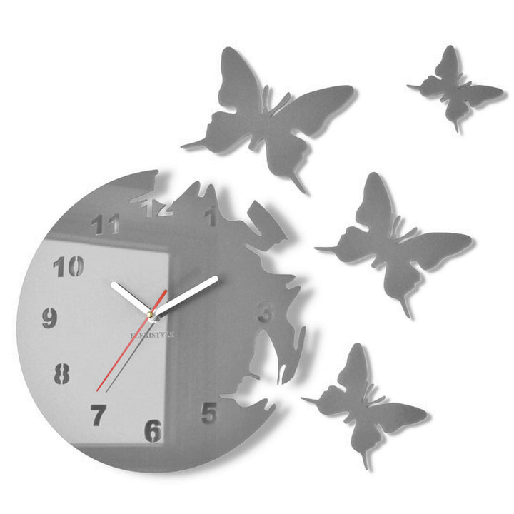 Grosse moderne Wanduhr Schmetterling Grau rund 30cm, 3d DIY, Wohnzimmer, Schlafzimmer, Kinderzimmer,