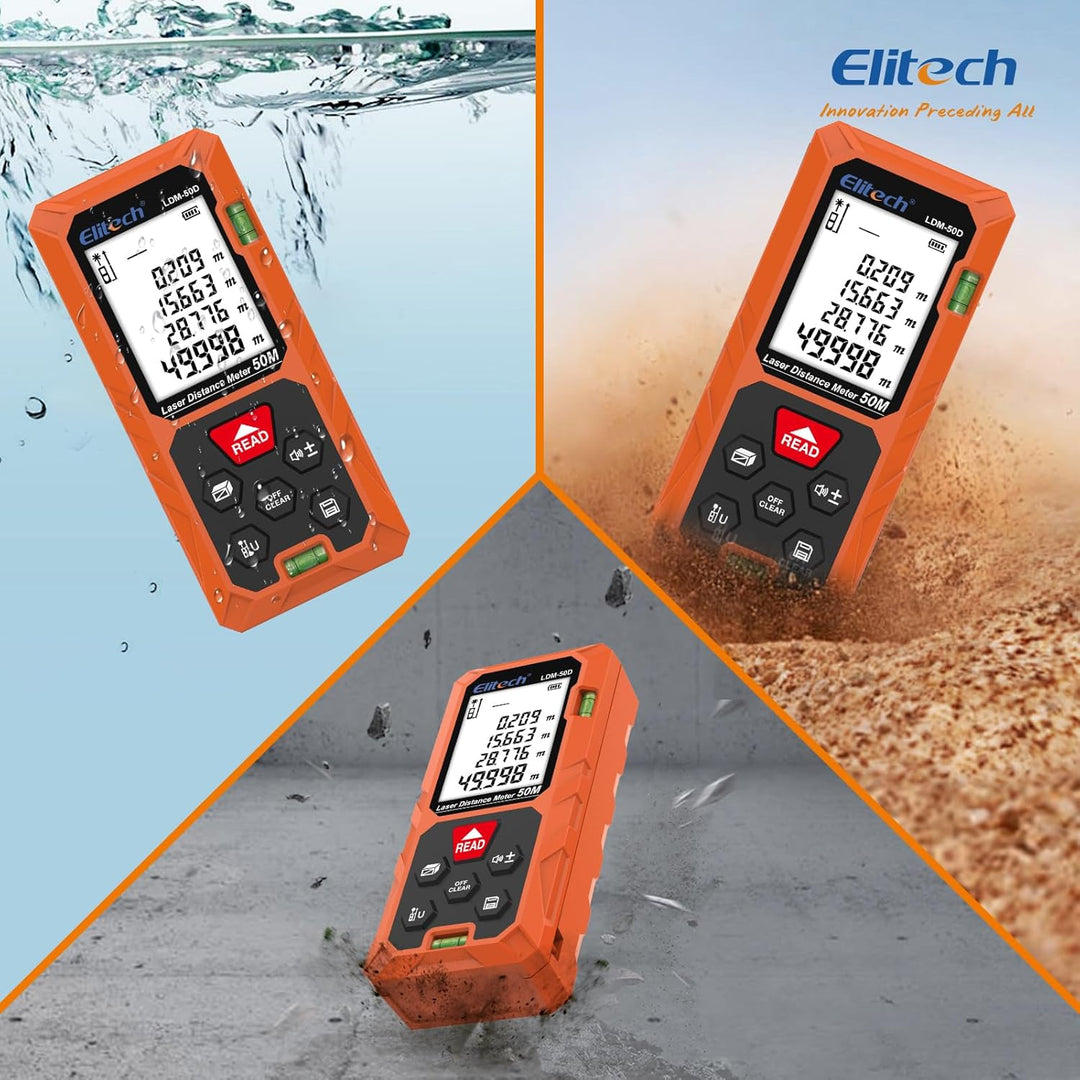 Elitech LDM-50-Series Laser Entfernungsmesser 50m Reichweite, ±2mm Genauigkeit, Flächen-/Volumen-/Py