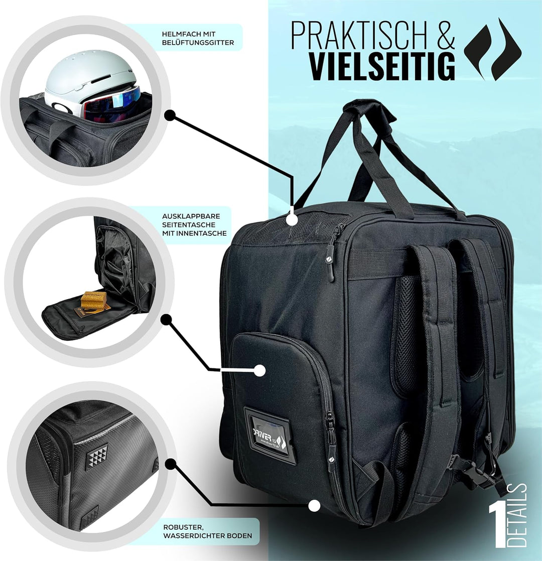 Driver13 ® Skistiefelrucksack mit Helmfach + Skischuhrucksack mit Helmfach für Hart + Snowboard Boot
