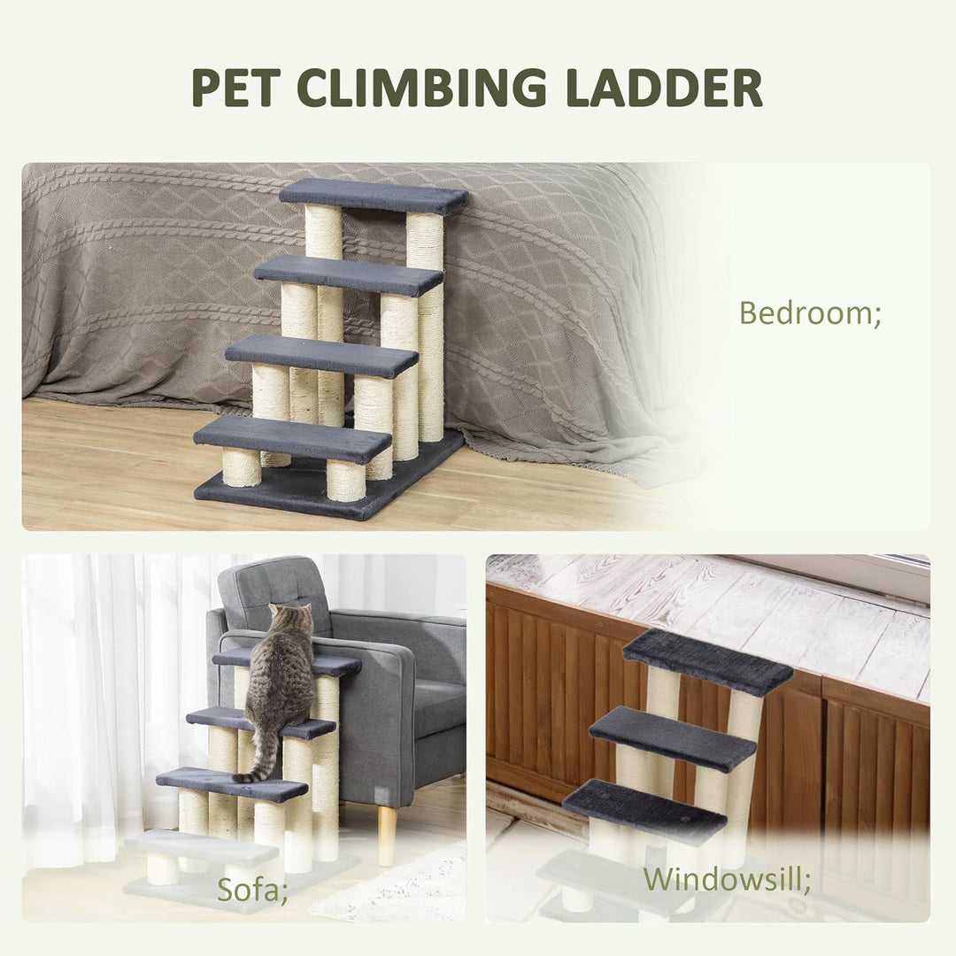PawHut Tiertreppe Katzentreppe Hundetreppe 4 Stufen Treppe für Katze und Hunde Plüsch Grau 60 x 42 x