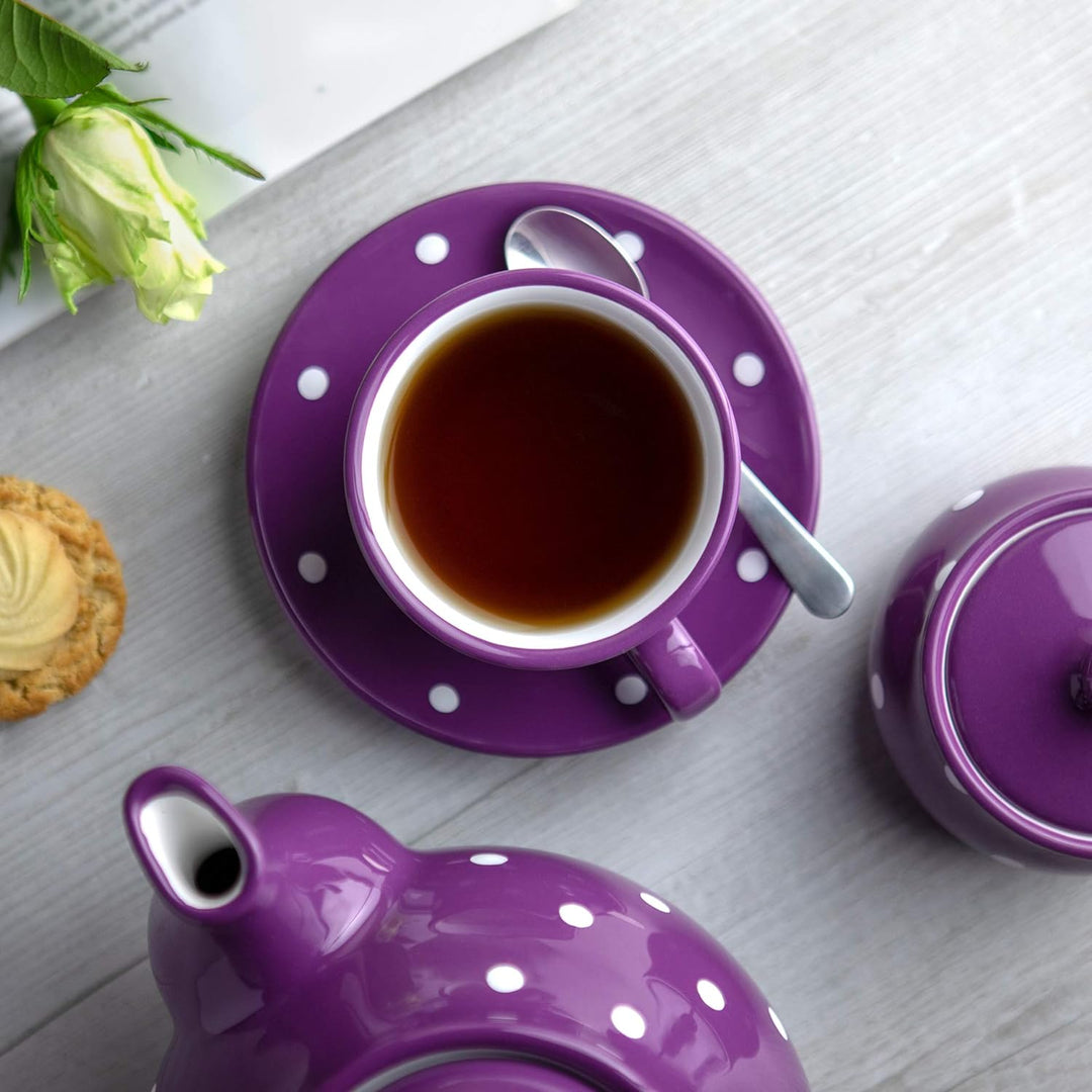City to Cottage® - Kaffeebecher Teetasse 250 ml | Lila und Weiss | Polka Dots | Handgemacht | Kerami