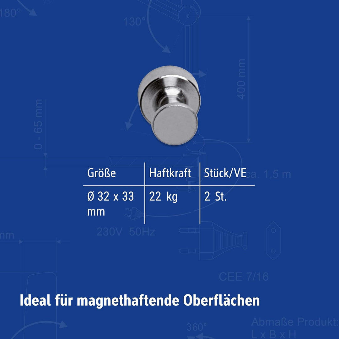 MAUL Neodym Kegelmagnet Ø32x33mm (2 Stück) | Magnete mit hoher Haftkraft für Magnettafel, Whiteboard