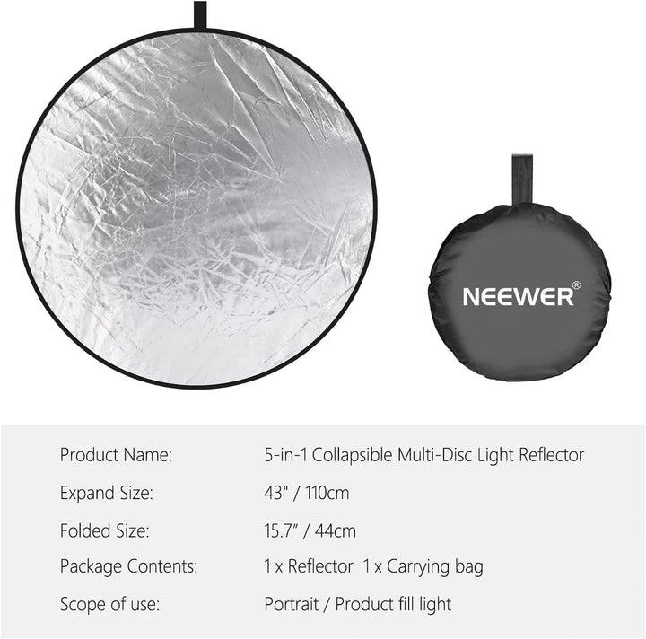 NEEWER 43"/110cm Lichtreflektor Lichtdiffusor 5 in 1 zusammenklappbare Multischeibe mit Tasche durch