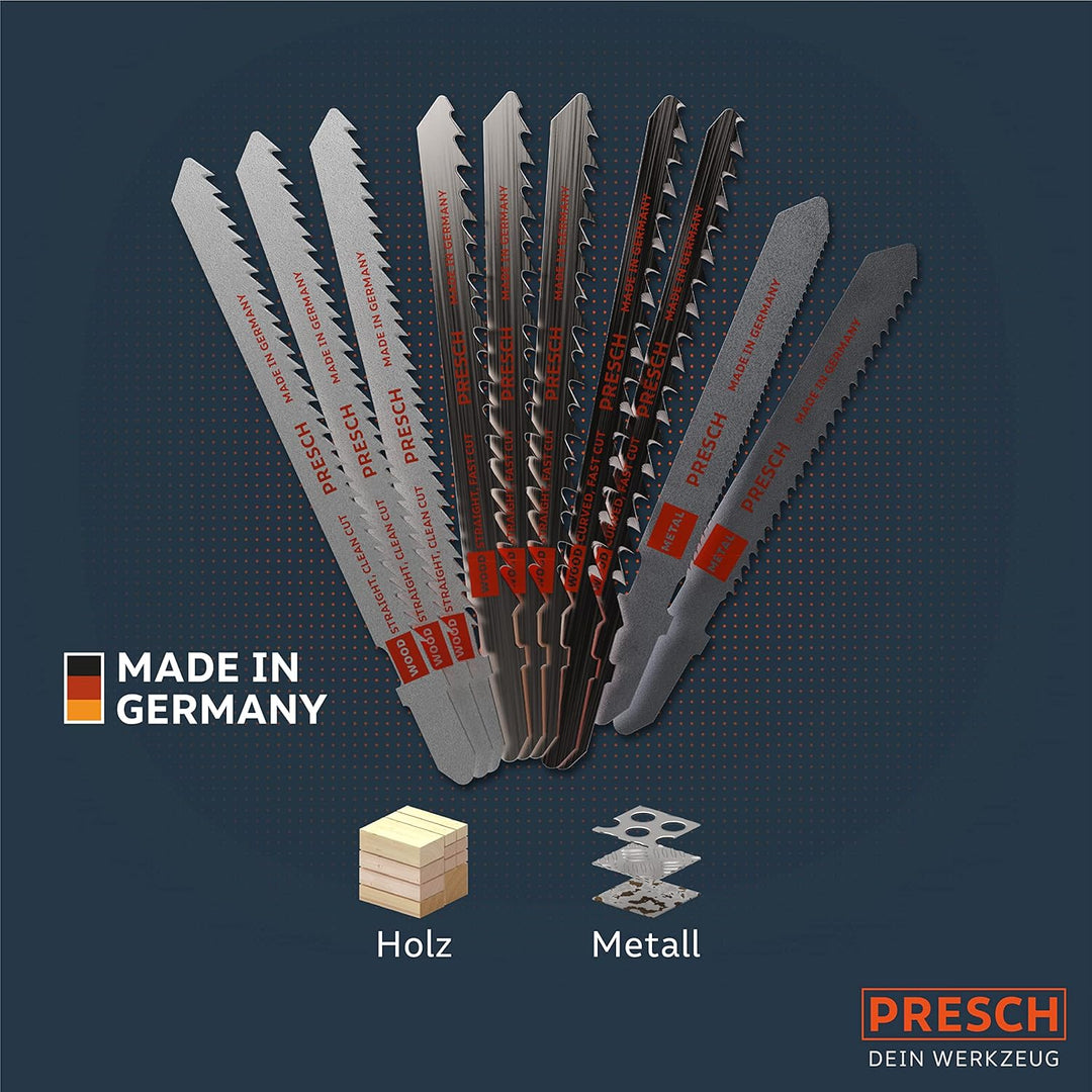 Presch Stichsägeblätter Set Metall & Holz 10 Stk. - Stichsägeblatt Set für alle Anwendungen - Profi