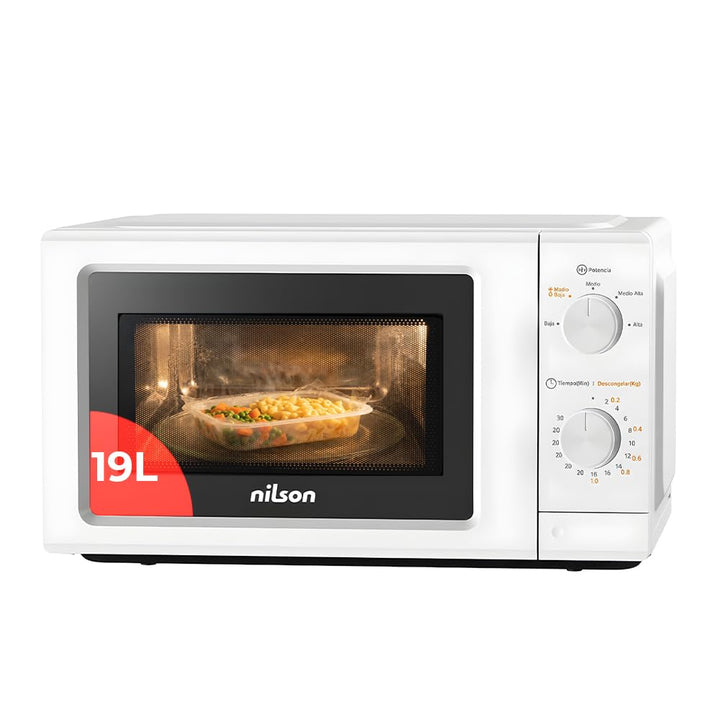 Nilson Mikrowelle, 19 l, freie Installation, Weiss NMW2701, 700 W, 5 Programme, mechanisch, Auftaufu