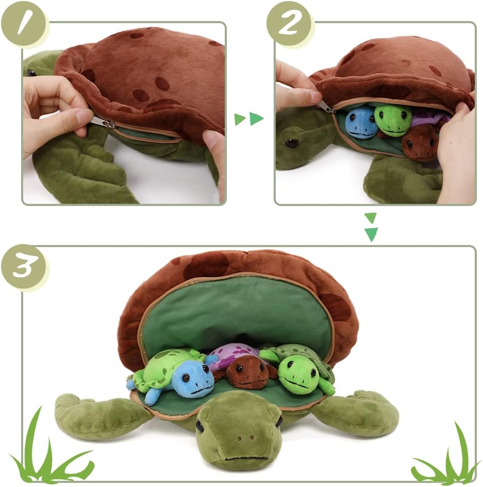 MorisMos 32cm Plüsch Kuscheltier Schildkröte mit 3 Baby im Panzer, 4 Stücke Süss Kuschelig Schildkrö