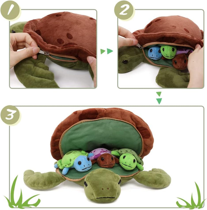 MorisMos 32cm Plüsch Kuscheltier Schildkröte mit 3 Baby im Panzer, 4 Stücke Süss Kuschelig Schildkrö