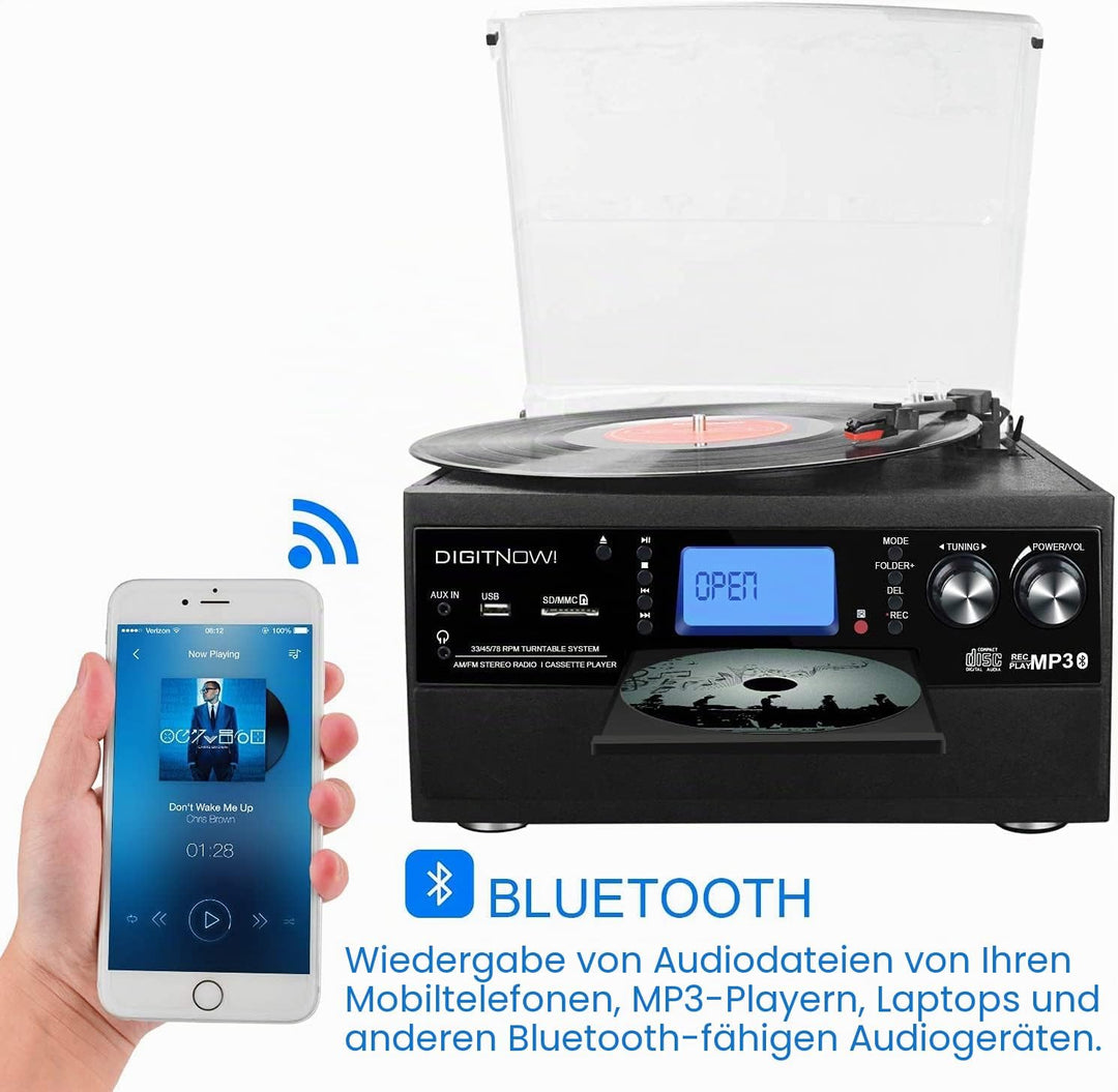 Bluetooth Plattenspieler mit Stereo Lautsprecher, LP Vinyl zu MP3 Konverter, 3 Geschwindigkeit Schal