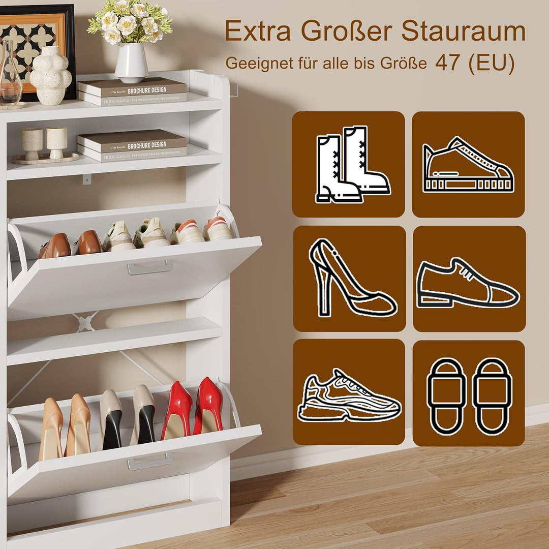 Schuhschrank mit 4 Klappen 20 cm Ultradünn,bis Grösse EU47 Passen, Schuhregal Schmaler aus Holz mit