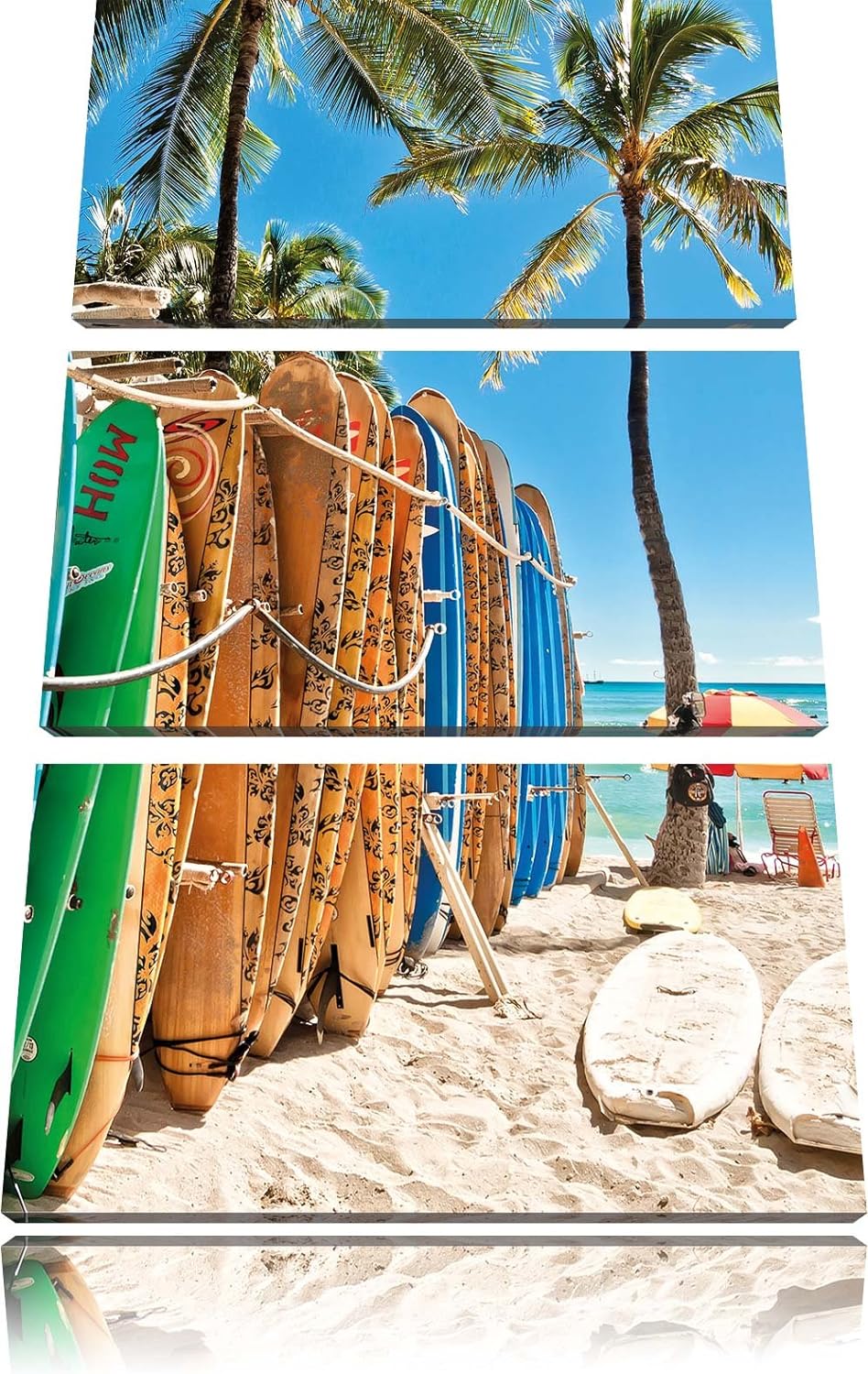 Pixxprint Surfboards am Strand als Leinwandbild/Grösse: 3 Teilig (120x80) cm/Wandbild/Kunstdruck/fer